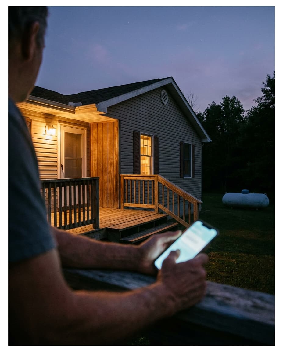 A hand holds a glowing phone on a porch railing at dusk, with a lit farmhouse porch and a residential propane tank visible in the yard behind.