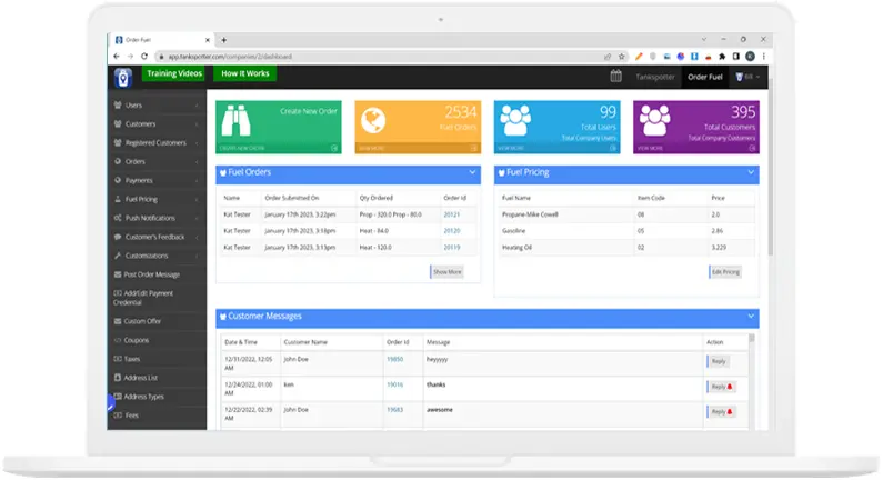 A real screen from the TankSpotter platform — order management, pricing, and customer messages in one view