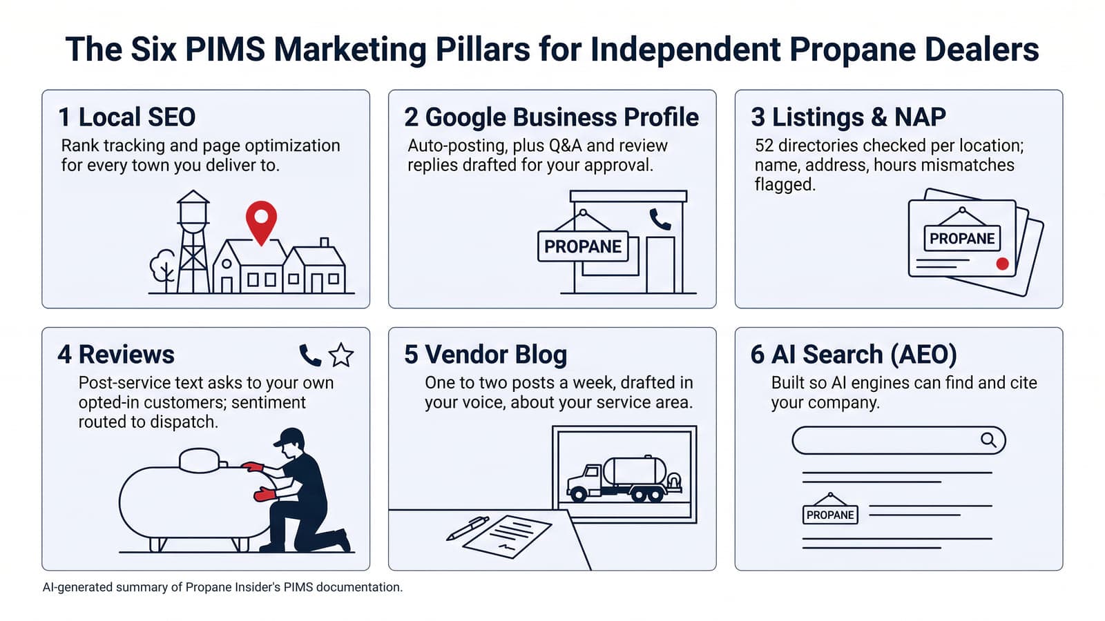 Explainer poster of the six Marketing Department in a Box marketing pillars for independent propane dealers, including Google Business Profile and reviews.